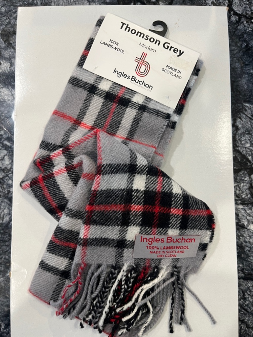 Thomson Grey Lambswool Scarf - Grey with Black & Red Tartan